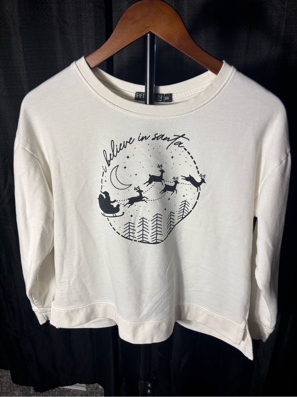 Fifth Sun White Crewneck Sweatshirt with Black Santa Graphic
